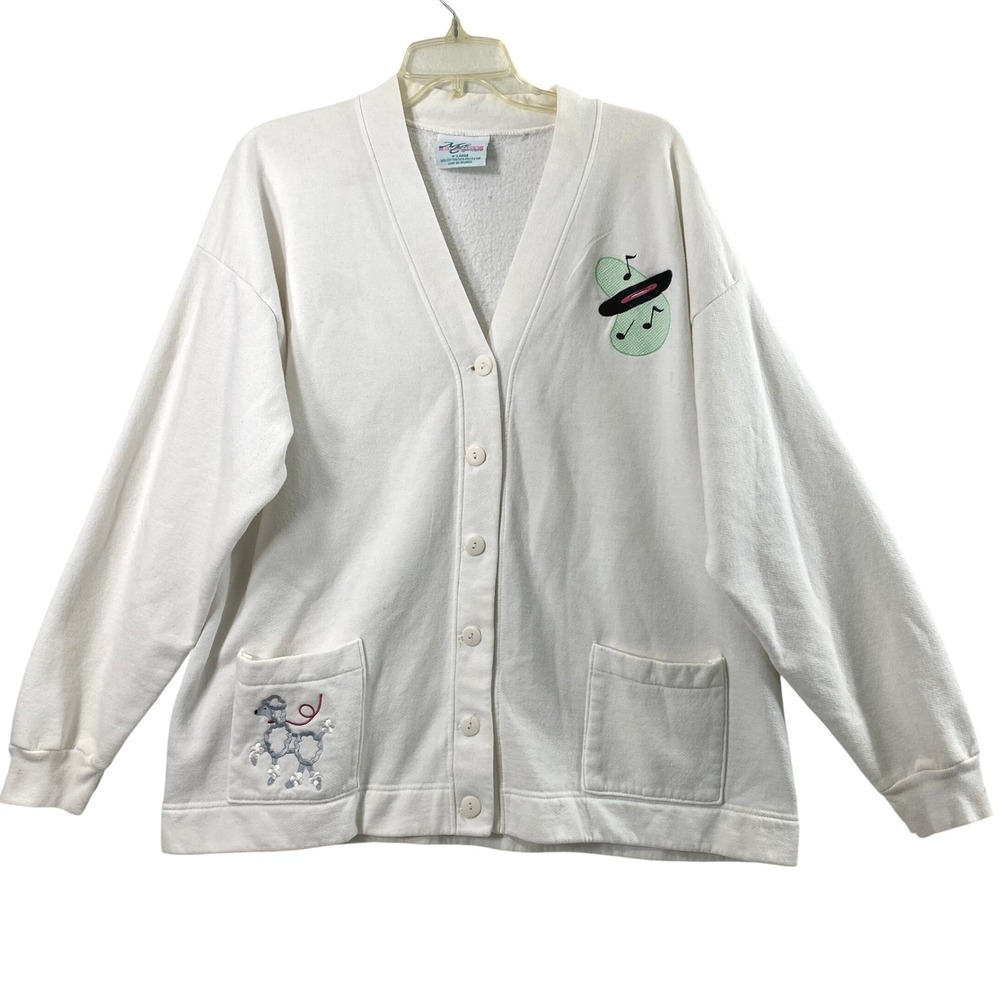 Womens Cardigan Size XL 50s White Poodle Music Record Fleece Retro Rockabilly